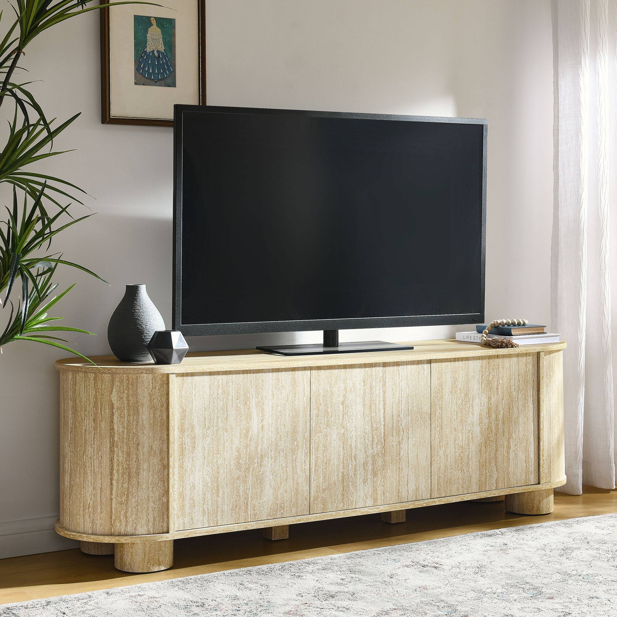Overture 63" Oval Faux TV Stand by Modway - Travertine
