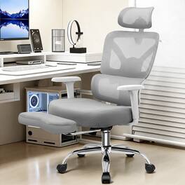 KERDOM - High Back Mesh Ergonomic Office Chair with Footrest, Adjustable Lumbar Support, 3D Headrest and Armrest, Computer Chair - Light Gray with Footrest
