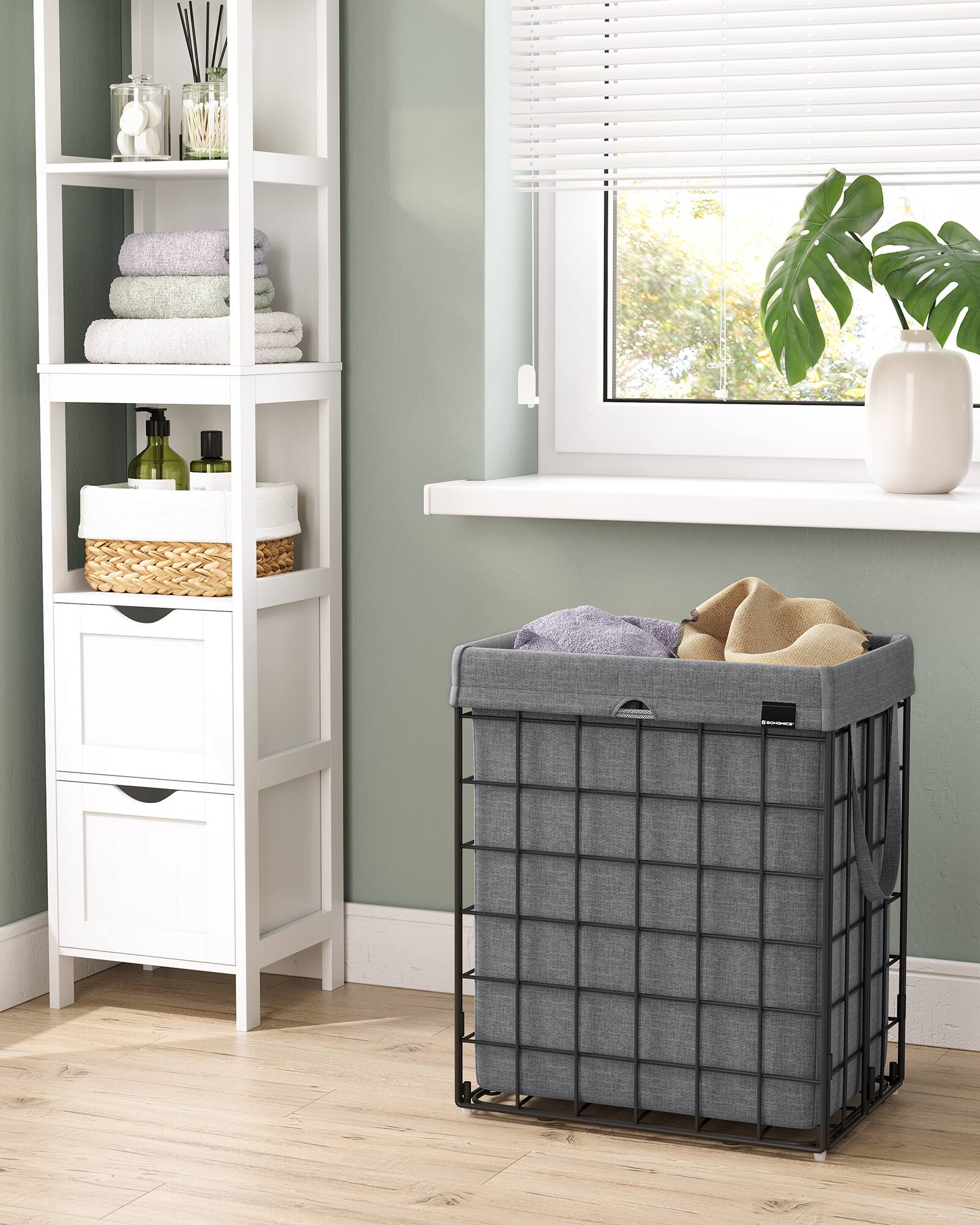 Left. Songmics Home - 90L Laundry Basket, Collapsible Washing Basket, Laundry Hamper, Removable and Washable Bag, Metal Wire Frame - Black and Gray.