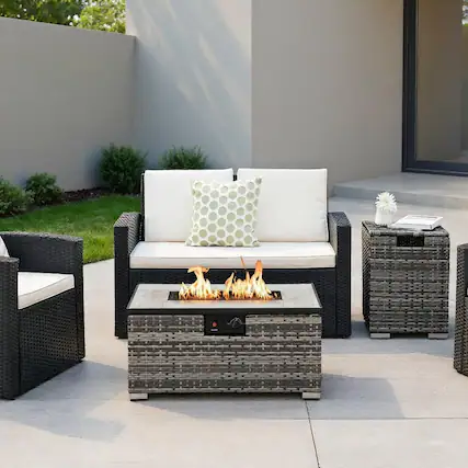 Front. Kadyn - Fire Pit Table Fire Bowl TableOutdoor Firepit Table32 x 20 Inch Propane Rattan Fire Pit Table Set with Side Table Tank - Gray.