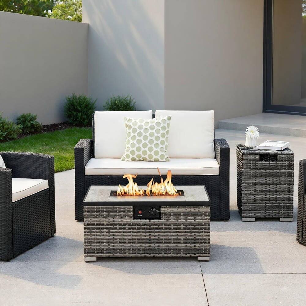 Front. Kadyn - Fire Pit Table Fire Bowl TableOutdoor Firepit Table32 x 20 Inch Propane Rattan Fire Pit Table Set with Side Table Tank - Gray.