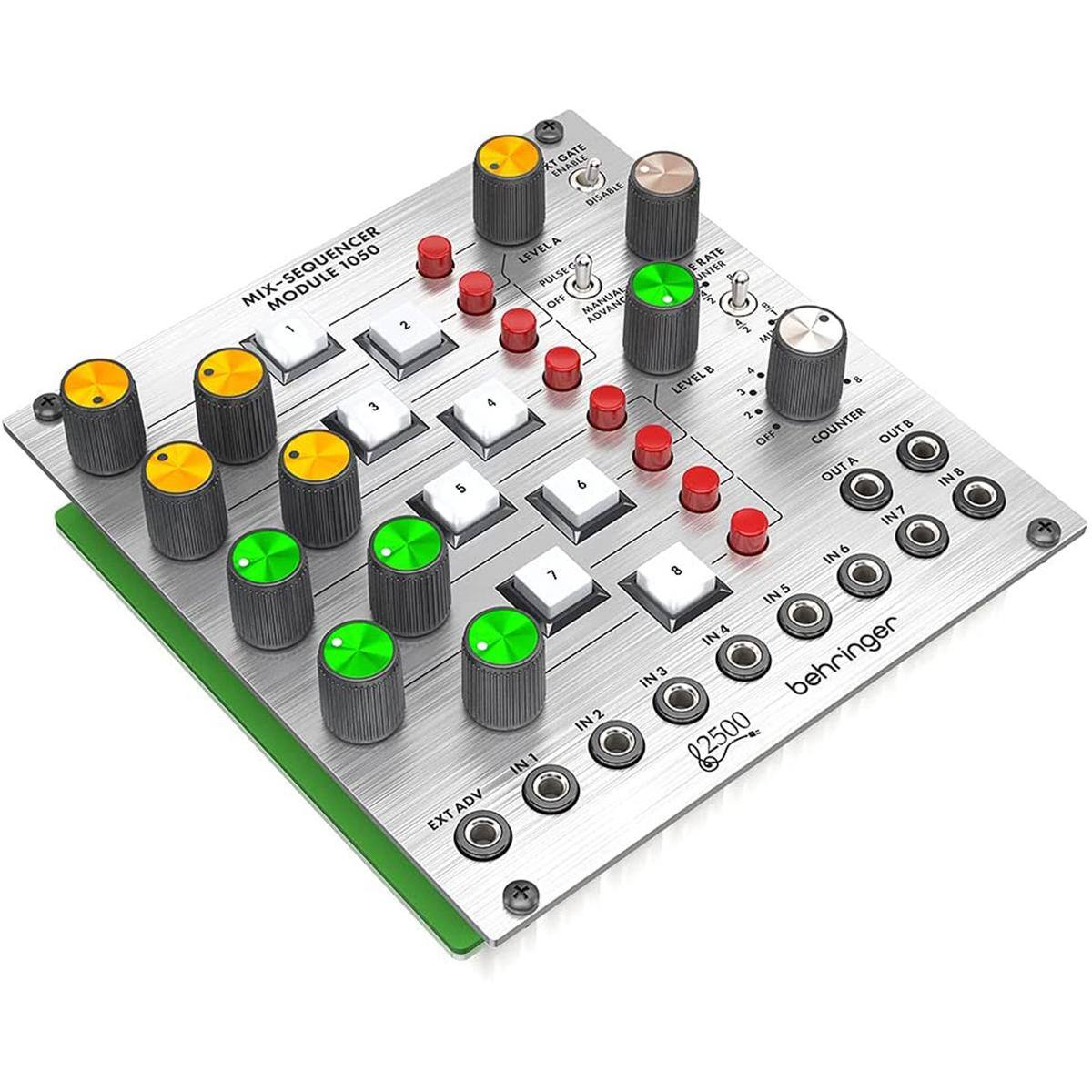 MIX-SEQUENCER MODULE 1050

LEVEL A
1 2 3 4

LEVEL B
5 6 7 8

PULSE GENERATOR
RATE
COUNTER
OUT A
OUT B

IN 1
IN 2
IN 3
IN 4
IN 5
IN 6
IN 7
IN 8

EXT ADV

behringer

22500