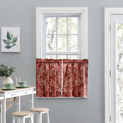 Front. Ellis Curtain - Ellis Curtain Lexington Leaf Pattern on Colored Ground Curtain Tiers 56"x36" Brick - Brick.