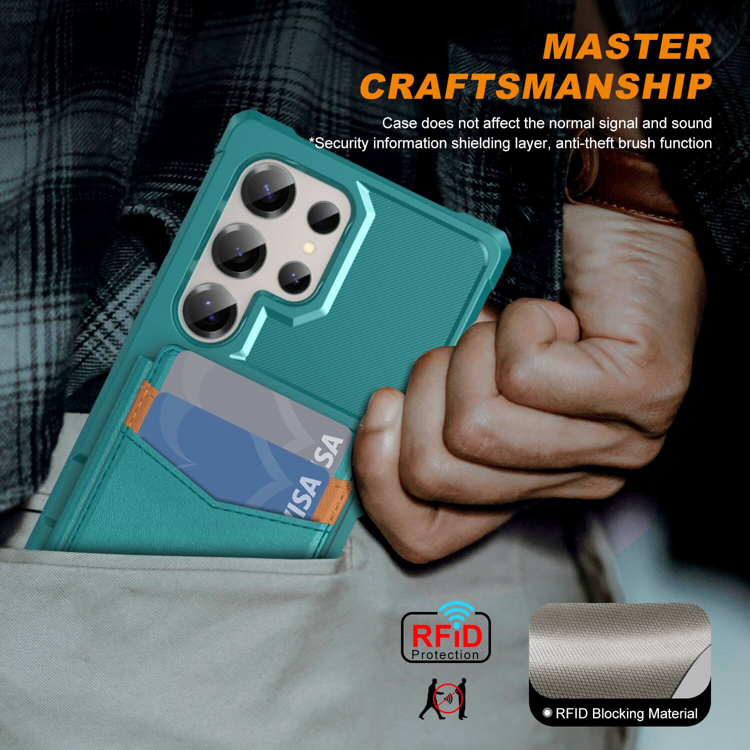 MASTER CRAFTSMANSHIP  
Case does not affect the normal signal and sound  
*Security information shielding layer, anti-theft brush function  

RFID Protection  
RFID Blocking Material