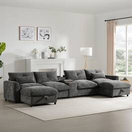 Boyel Living - Modular Sectional Sofa Pull-line&Tufted Design USB Charger Movable Storage Ottoman Gray Chenille - Gray
