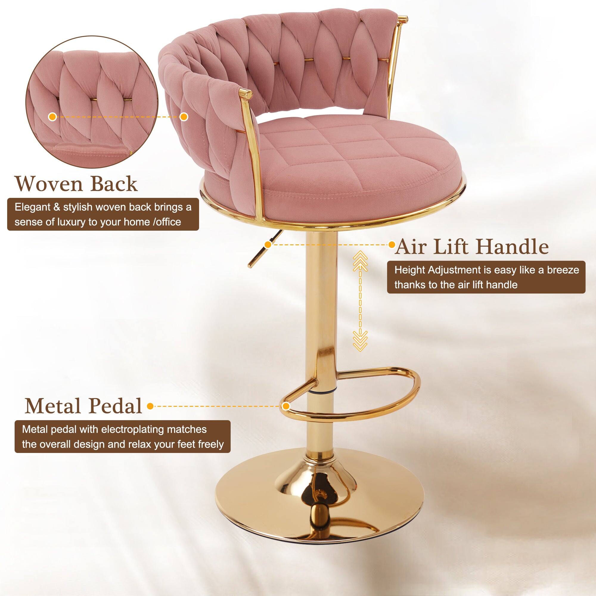 Woven Back  
Elegant & stylish woven back brings a sense of luxury to your home/office  

Air Lift Handle  
Height Adjustment is easy like a breeze thanks to the air lift handle  

Metal Pedal  
Metal pedal with electroplating matches the overall design and relax your feet freely