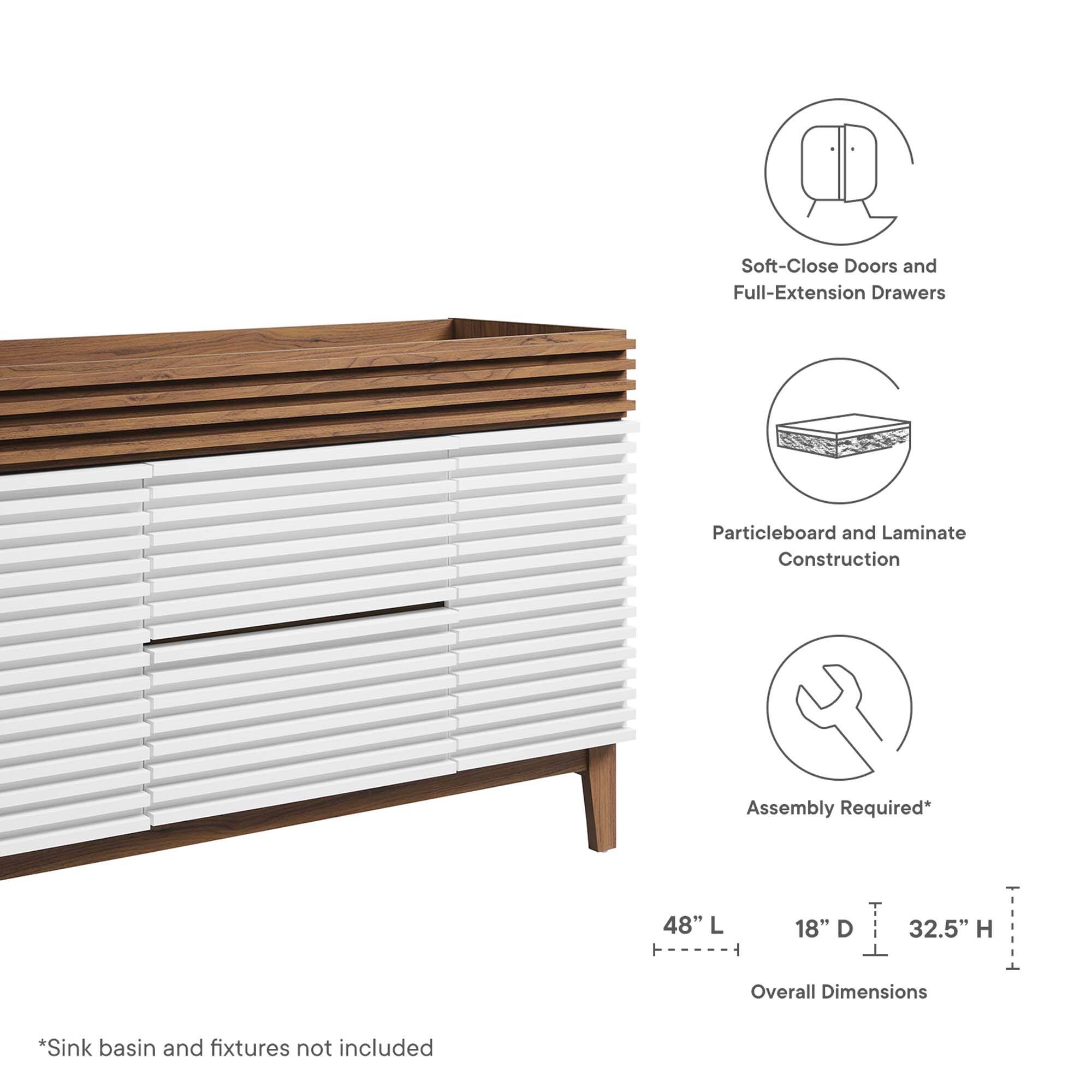 Soft-Close Doors and Full-Extension Drawers  
Particleboard and Laminate Construction  
Assembly Required*  

48" L x 18" D x 32.5" H  
Overall Dimensions  

*Sink basin and fixtures not included