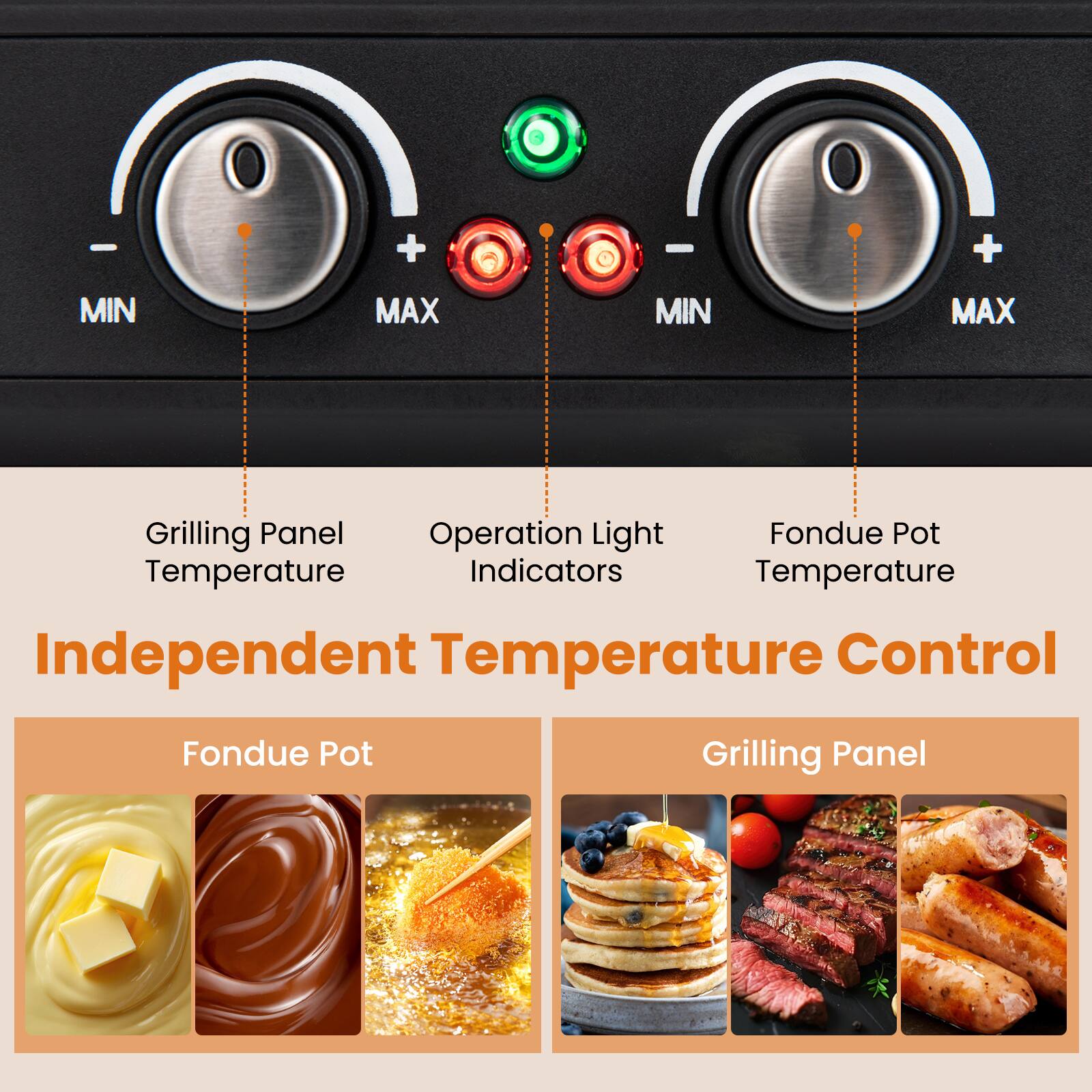 - + - + MIN MAX MIN MAX  
Grilling Panel  
Operation Light  
Fondue Pot  
Temperature Indicators  
Temperature Independent Temperature Control  
Fondue Pot  
Grilling Panel