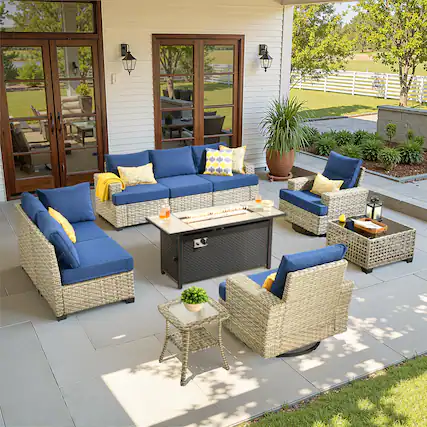 Front. Ovios - 10 PCS Patio Furniture Set Sectional Sofa with Swivel Chair, Coffee Table & 54" Fire Pit Table - Navy Blue.