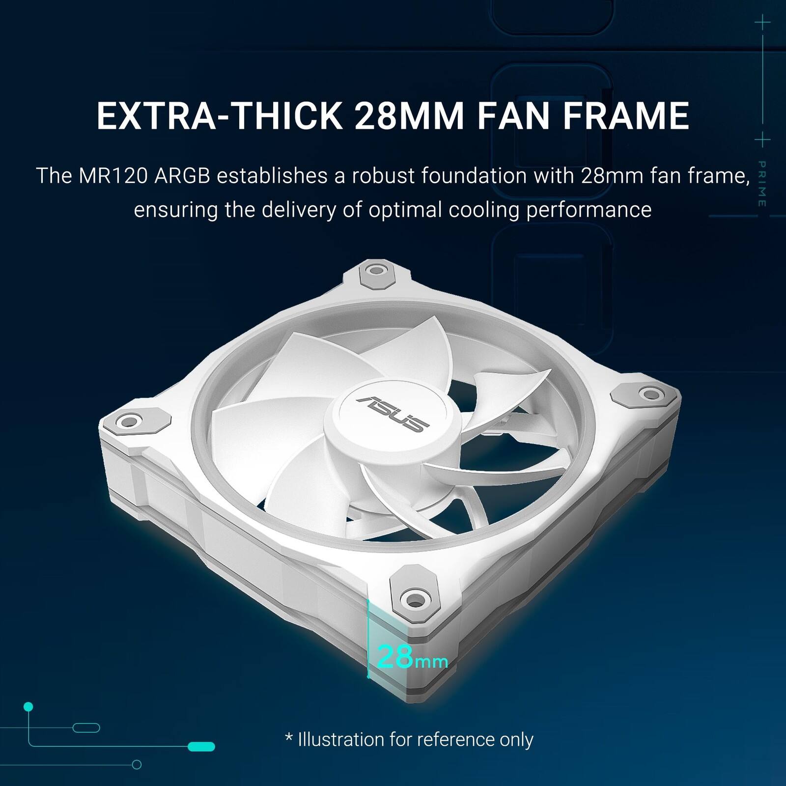 EXTRA-THICK 28MM FAN FRAME

The MR120 ARGB establishes a robust foundation with 28mm fan frame, ensuring the delivery of optimal cooling performance

* Illustration for reference only