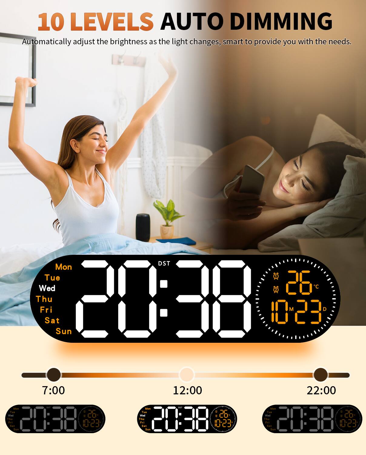 10 LEVELS AUTO DIMMING  
Automatically adjust the brightness as the light changes, smart to provide you with the needs.

Mon Tue Wed Thu Fri Sat Sun  
DST 20:38 10:23 7:00 26°C 10:23 22:00

20:38 10:23 7:00 26°C 10:23 22:00