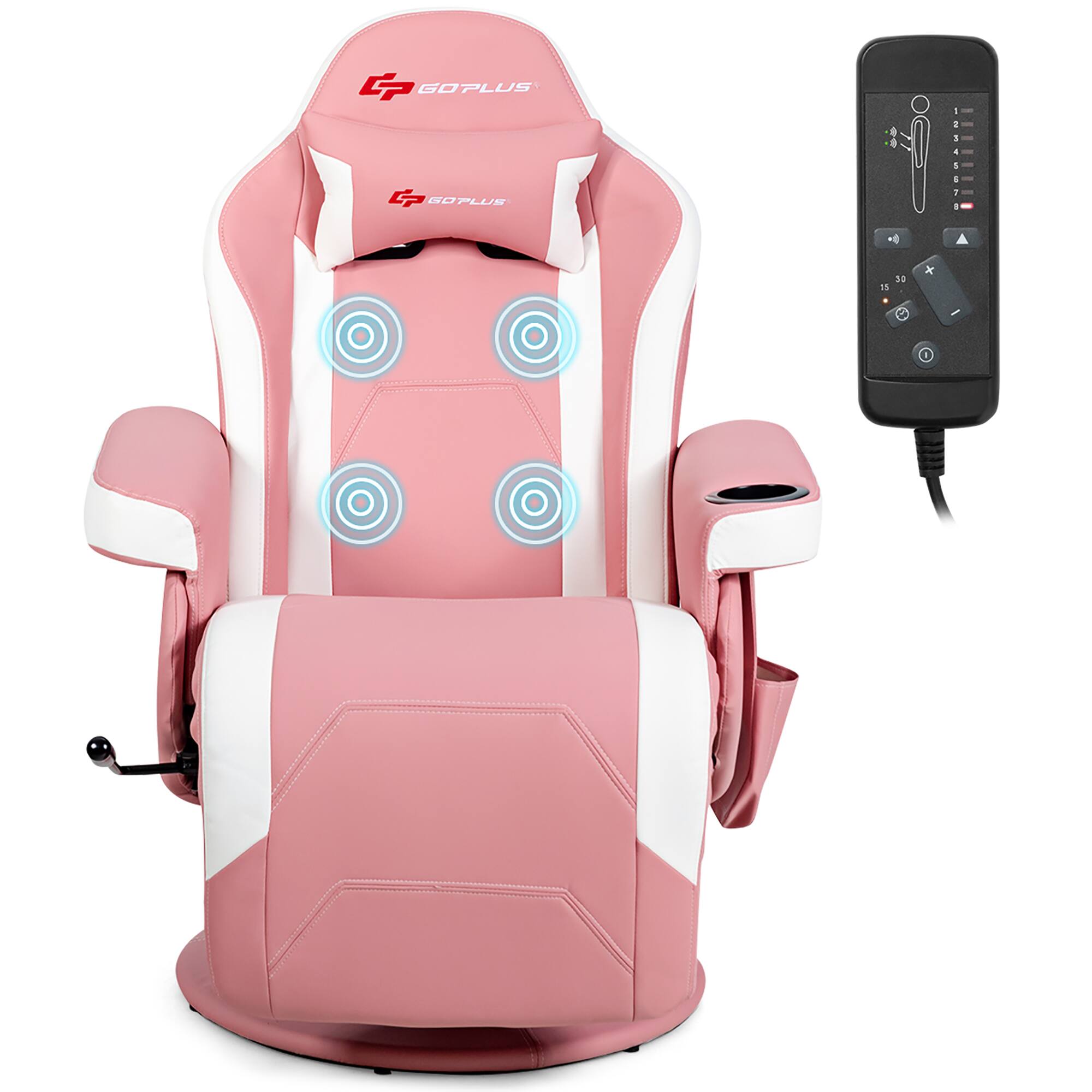The text on the image reads "GP GOPLUS - d  G BOPLUS a 35 15 X 0". This text is likely related to the pink chair, which is a gaming chair with a built-in massage system. The text could be describing the features of the chair, such as the massage system, the chair's dimensions, or the brand name.