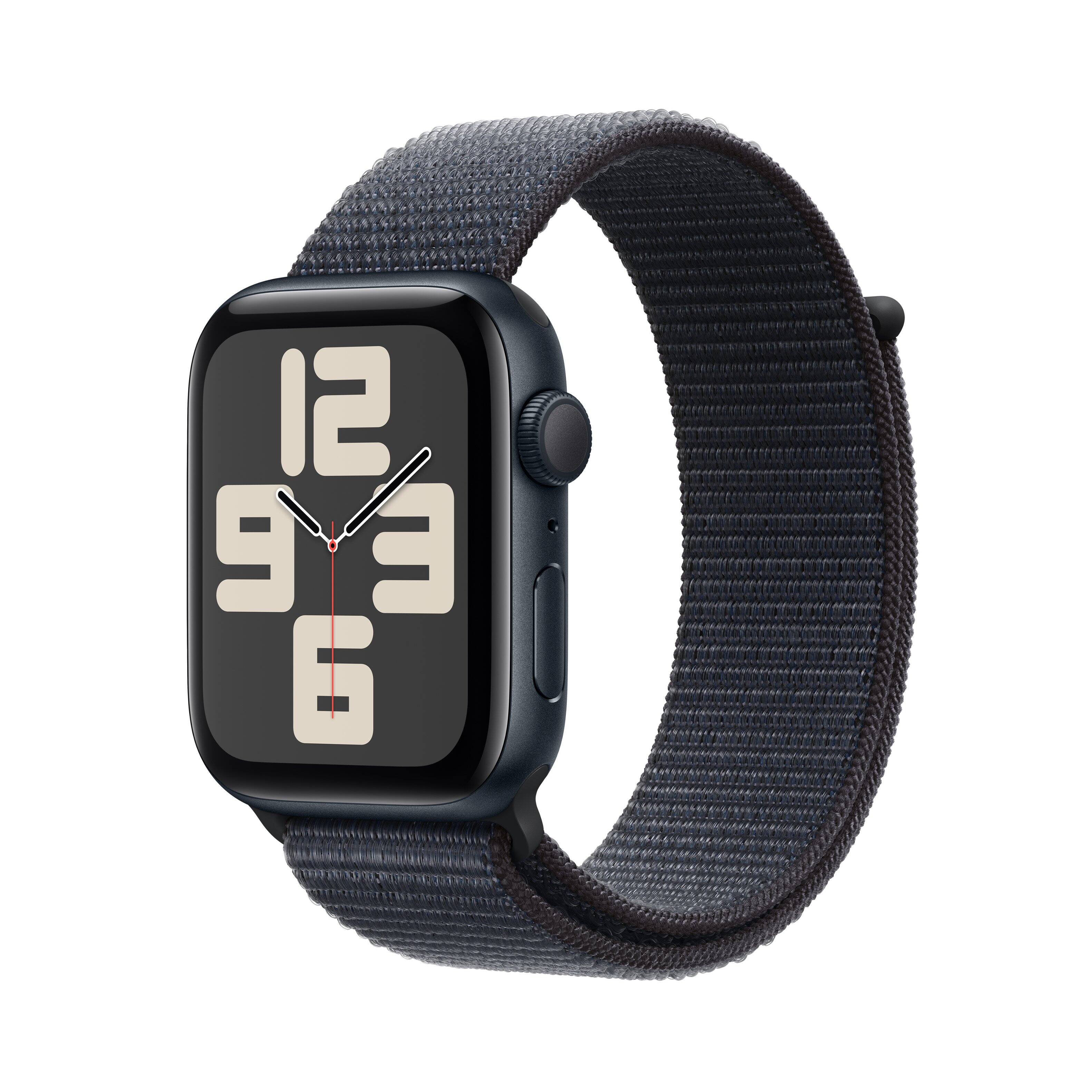 Angle. Apple - Apple Watch SE 2nd Generation (GPS) 44mm Aluminum Case with Ink Sport Loop - Midnight.