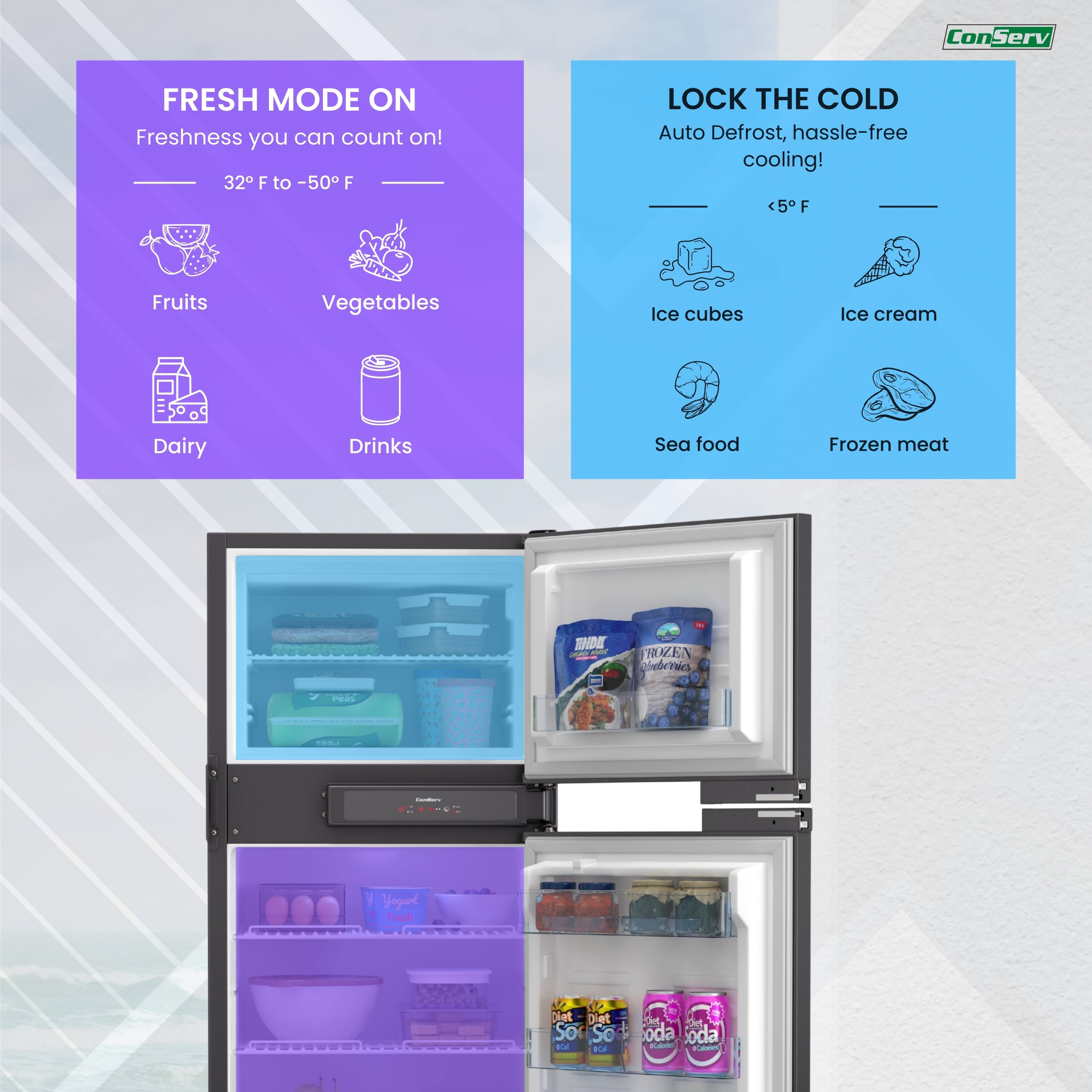 **FRESH MODE ON**  
Freshness you can count on!  
32°F to -50°F  

- Fruits  
- Vegetables  
- Dairy  
- Drinks  

**LOCK THE COLD**  
Auto Defrost, hassle-free cooling!  
<5°F  

- Ice cubes  
- Ice cream  
- Sea food  
- Frozen meat