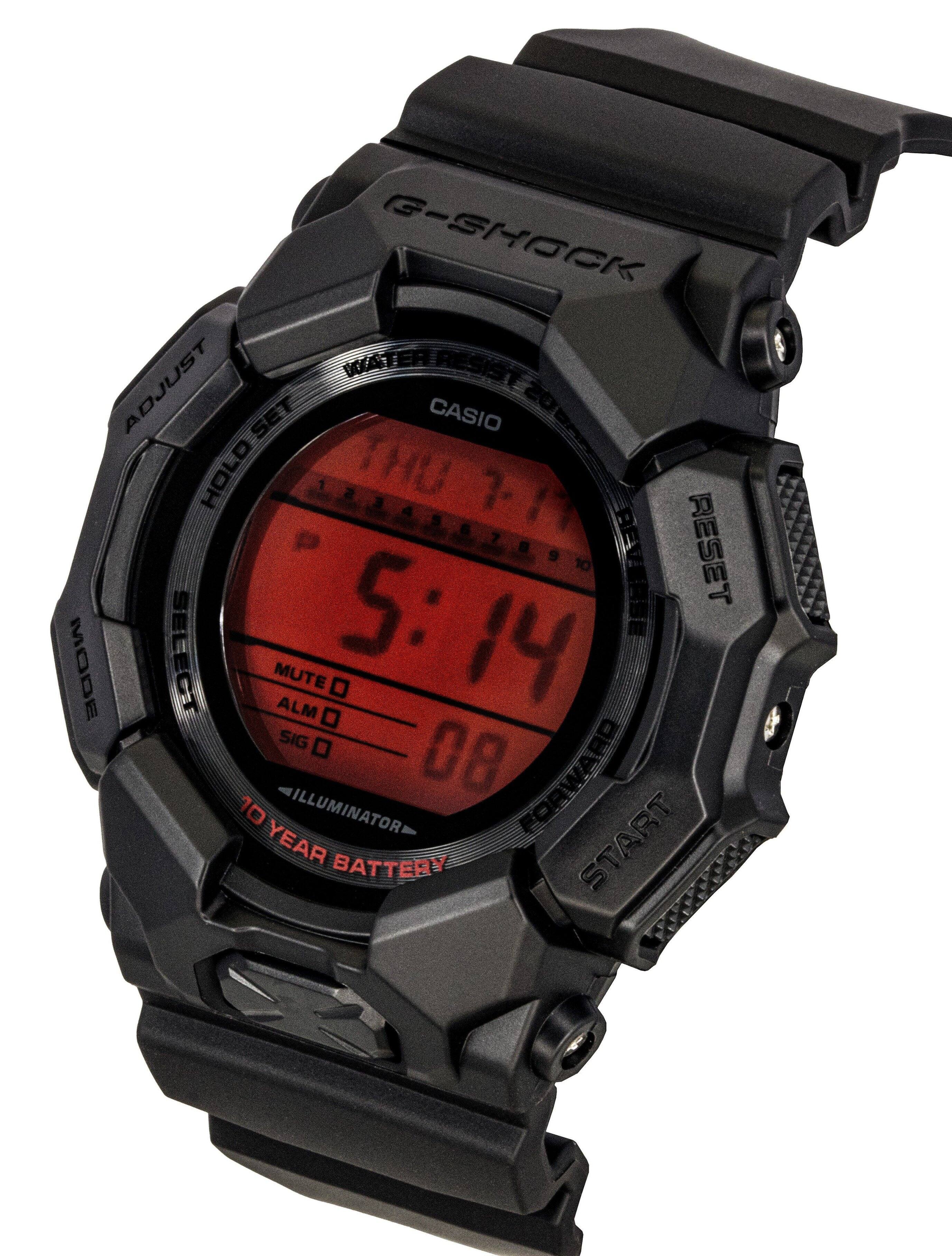 G-SHOCK WATER RESIST 200 ADJUST CASIO HOLD SET THU 7-17 1234567891 REVERSE RESET MODE SELECT MUTE 5:14 5: ALM SIG 08 FORWARD 10 ILLUMINATOR FORV YEAR BATTERY START