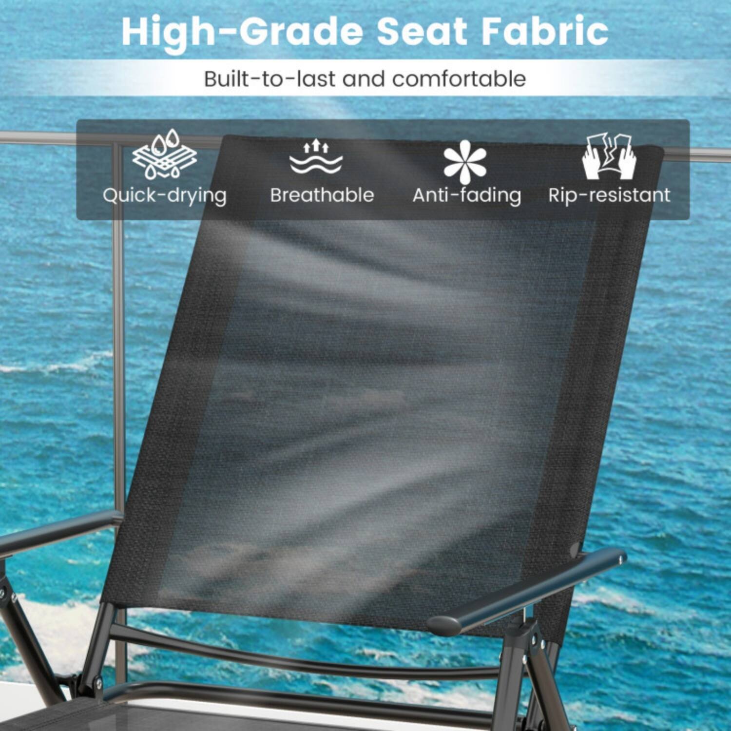 High-Grade Seat Fabric  
Built-to-last and comfortable  
Quick-drying  
Breathable  
Anti-fading  
Rip-resistant