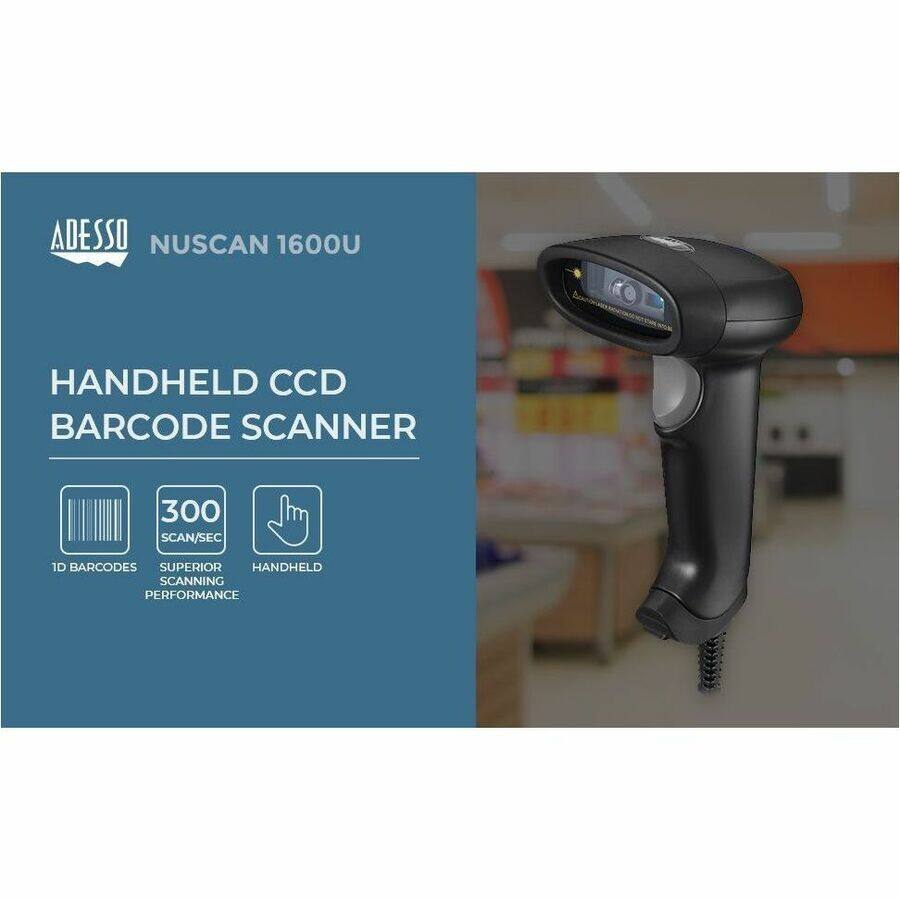 ADESSO NUSCAN 1600U

HANDHELD CCD BARCODE SCANNER

- 1D BARCODES
- 300 SCAN/SEC
- SUPERIOR SCANNING PERFORMANCE
- HANDHELD
