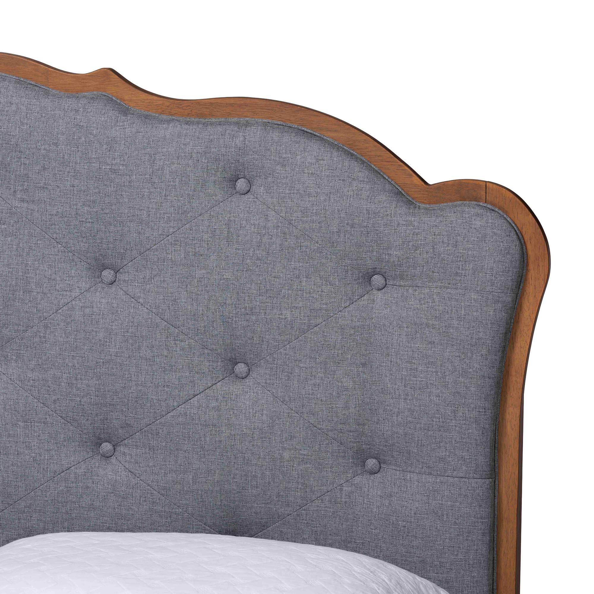 Back. Baxton Studio - Aithan Platform Bed - Mid-Century Modern Bed with Upholstered Headboard and Button Tufted Design, Queen - Ash Walnut/Grey.