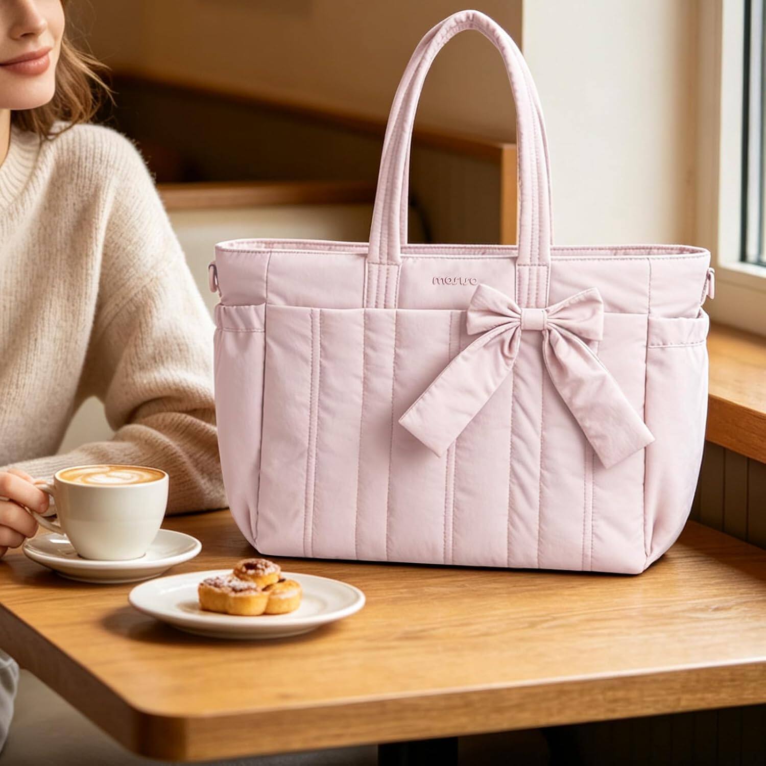 Left. mosiso - Puffer Tote Bag for Women 13-14 Inch Laptop Bag with Cup Holder Lightweight Shoulder Bag for Travel Work School Gym - Pink.
