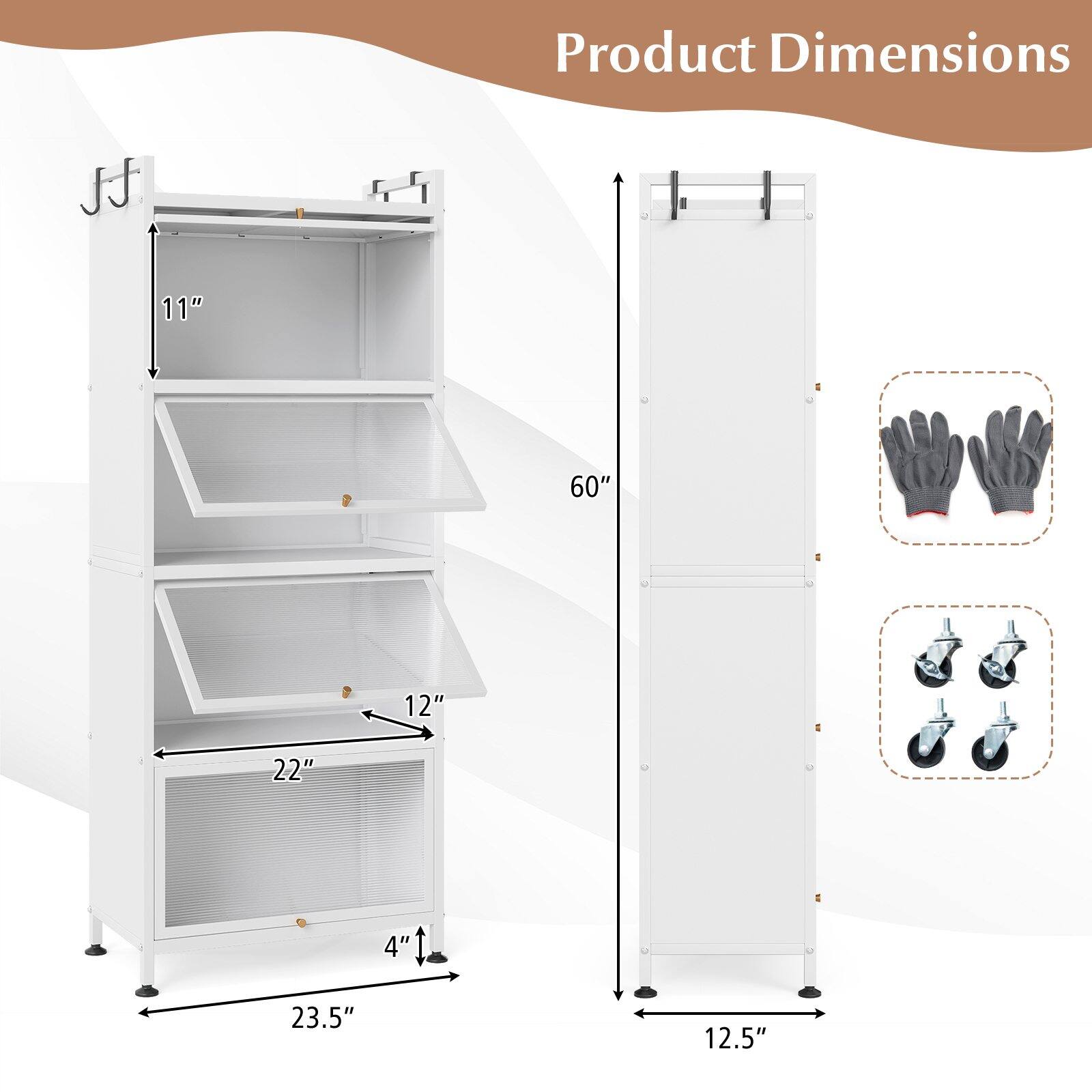 Product Dimensions

- Height: 60"
- Width: 12.5"
- Depth: 23.5"
- Shelf Dimensions:
  - Top Shelf: 11" x 12"
  - Middle Shelf: 22" x 12"
  - Bottom Shelf: 22" x 12"
- Additional Depth: 4"
