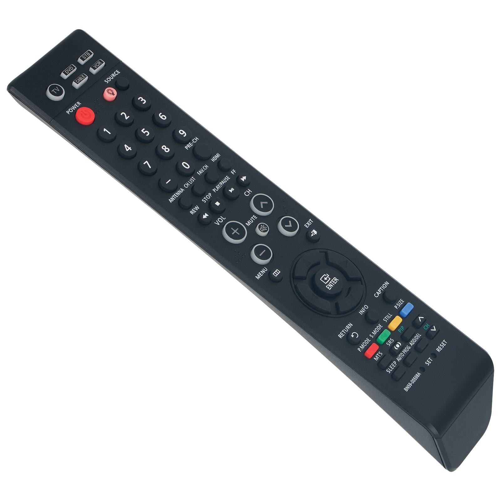 S18 VCA DVO CHILE SOURCE TV 0 3 POWER 2 6 1 5 9 4 8 PRE-CH HDMI 7 0 FASCH FF I CHUST PLASPRASE I CH ANTENNA STOP L REW VOL MUTE + B  EXIT MENU  ENTER CAPTION INFO P.SIZE STILL < RETURN S.MODE PIP G ADD/DEL P.MODE SRS () RESET MTS AUTO PROG SET SLEEP BN50-00508A