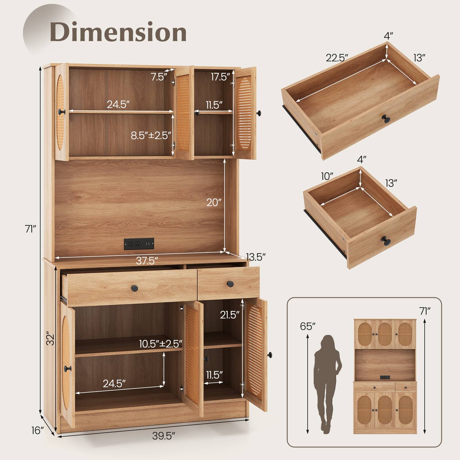 Dimension  
22.5" x 4" x 13"  
7.5" x 17.5" x 11.5"  
8.5" ± 2.5" x 24.5" x 11.5"  
20" x 13.5" x 37.5"  
10.5" ± 2.5" x 24.5" x 11.5"  
16" x 39.5" x 37.5"  
65" x 71"