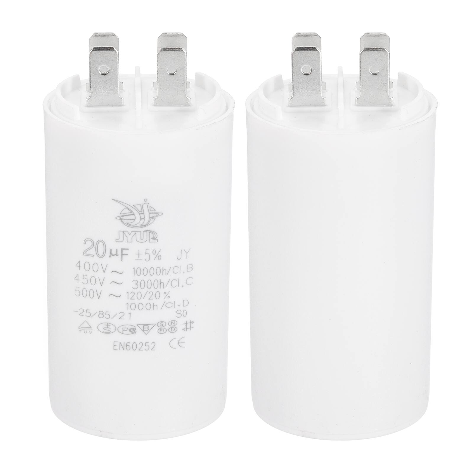 JYUB 20 µF ±5% JY  
400V ~ 10000h/CI.B  
450V ~ 3000h/CI.C  
500V ~ 120/20% 1000h/CI.D  
-25/85/21 SO  
EN60252 CE