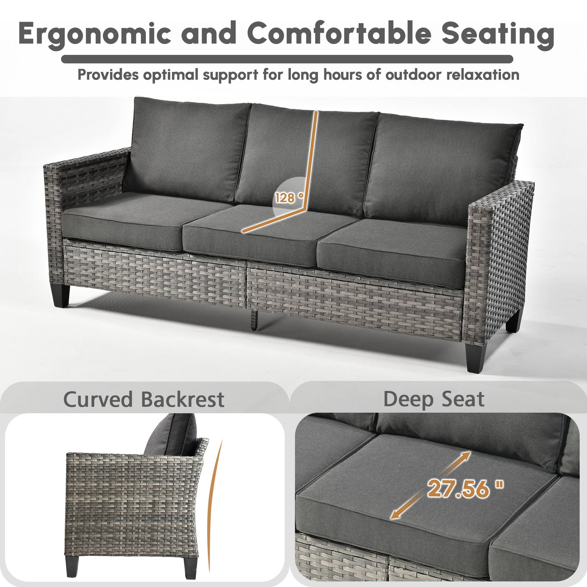 Ergonomic and Comfortable Seating  
Provides optimal support for long hours of outdoor relaxation  

Curved Backrest  
Deep Seat  
27.56"