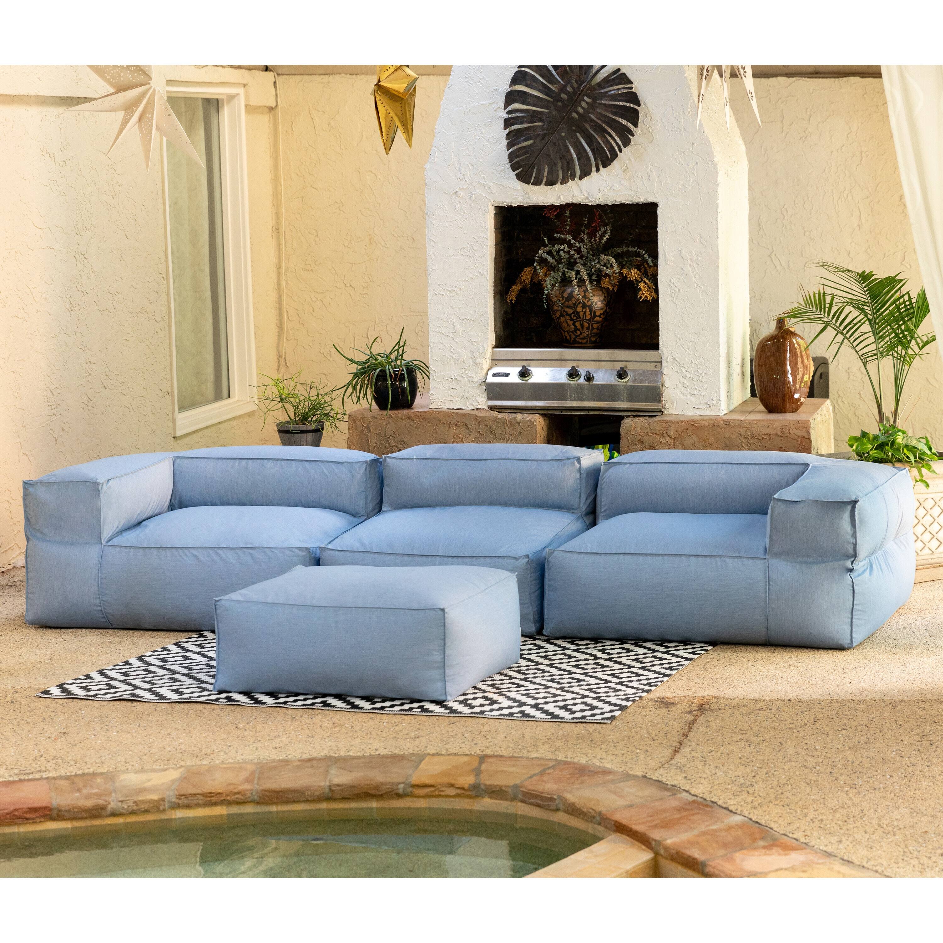 Angle. Jaxx - Baya 4 Piece Outdoor Sofa with Ottoman - Luxurious European Style Soft Seating, Ocean Blue - Ocean Blue.