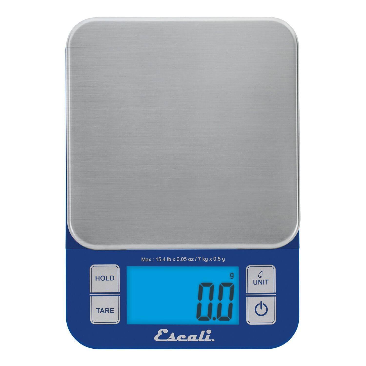 HOLD TARE  
Max: 15.4 lb x 0.05 oz / 7 kg x 0.5 g  
Escali  
0.0 g  
UNIT