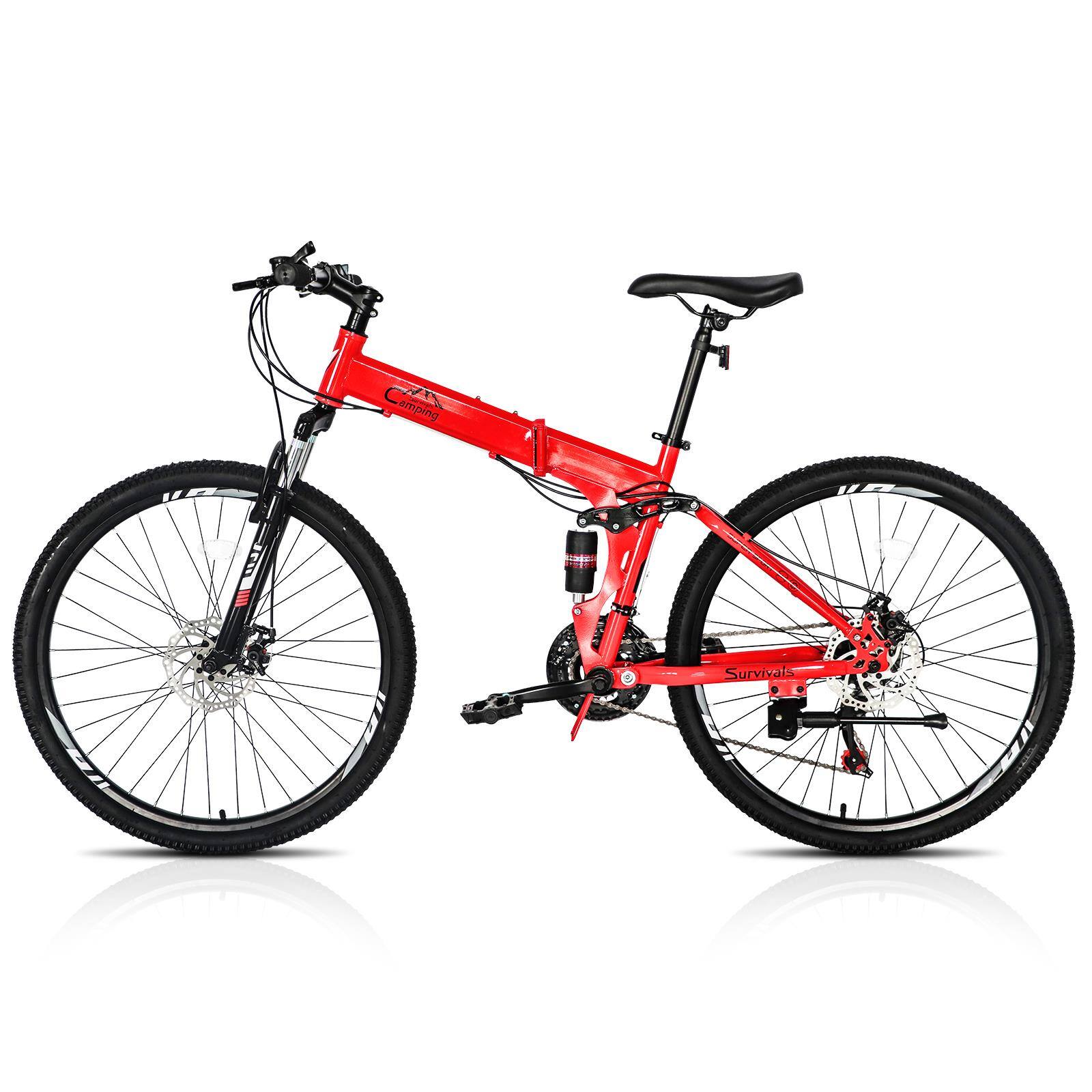 Left. Winado - Folding Mountain Bike Full Suspension Bike 26 Inch 21 Speed MTB Bicycles Double-Kill Disc Brake,High Carbon Steel Frame - Red.