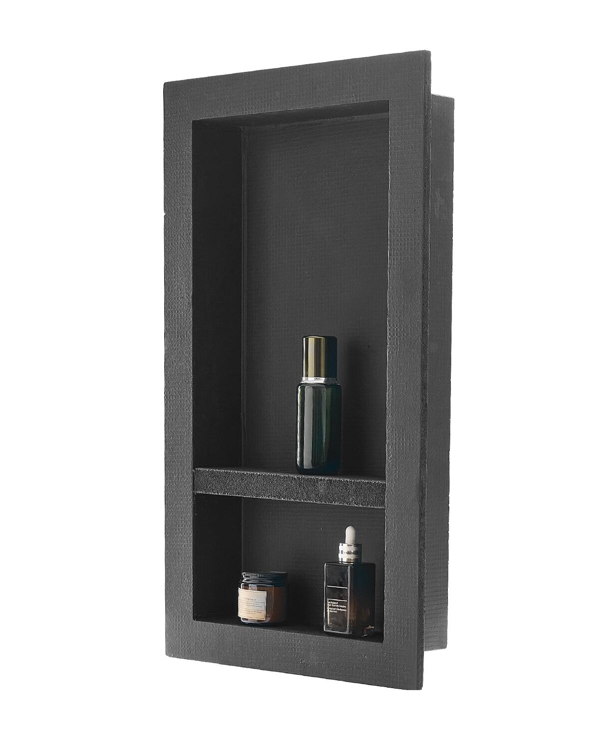 Front. VEVOR - Shower Niche, 16 x 28 x 4 inch Recessed Wall Niche with Movable Divider Shelf, Modern Soap & Shampoo Storage Organizer - Black.