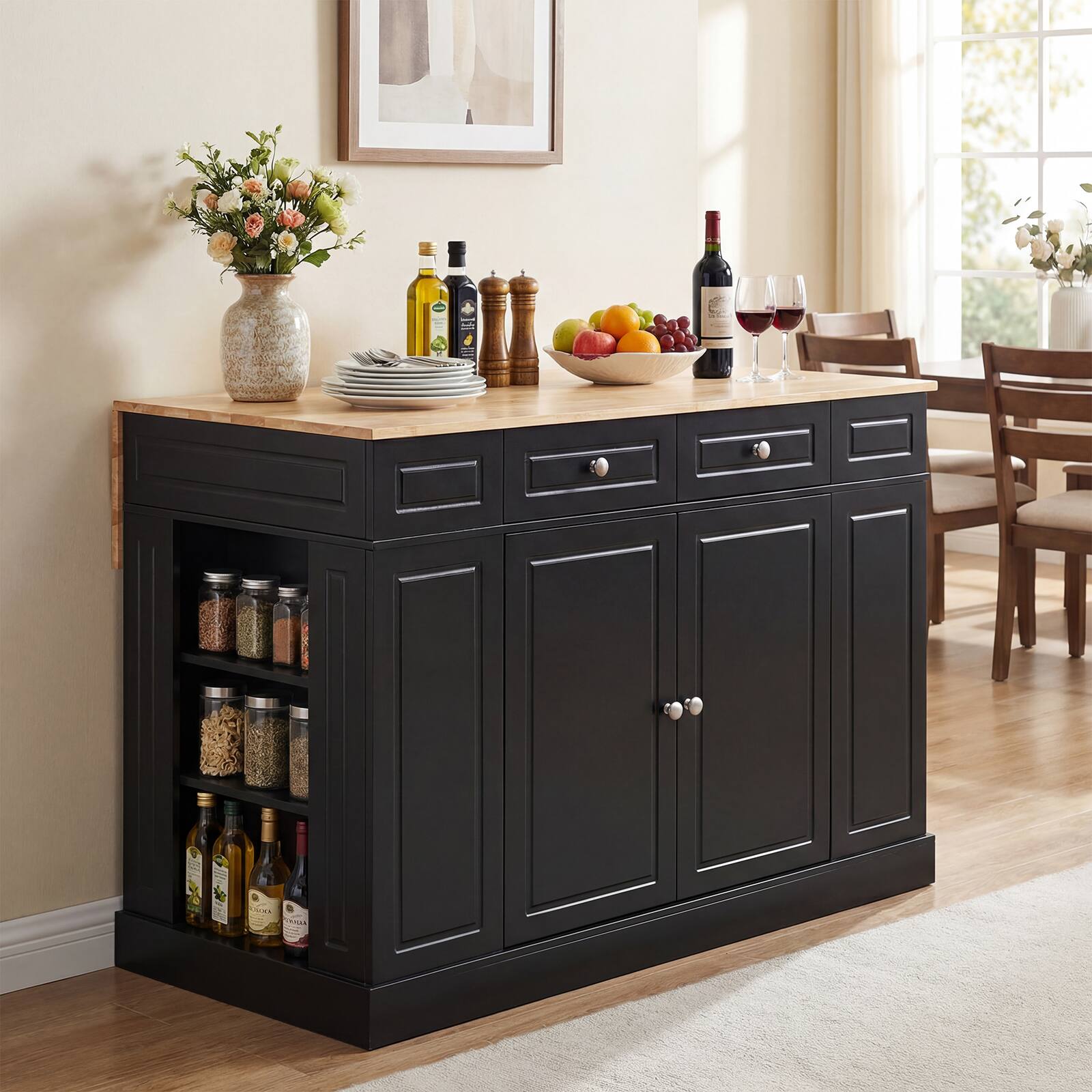 Alt View 3. Costway - Kitchen Island with Storage Drop Leaf Breakfast Bar Table with Top Freestanding Buffet Sideboard - Black + Natural.