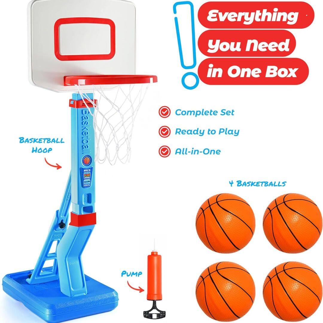 BASKETBALL HOOP  
Basketball Hoop  

Everything You Need in One Box  

Complete Set  
Ready to Play  
All-in-One  

4 BASKETBALLS  

PUMP