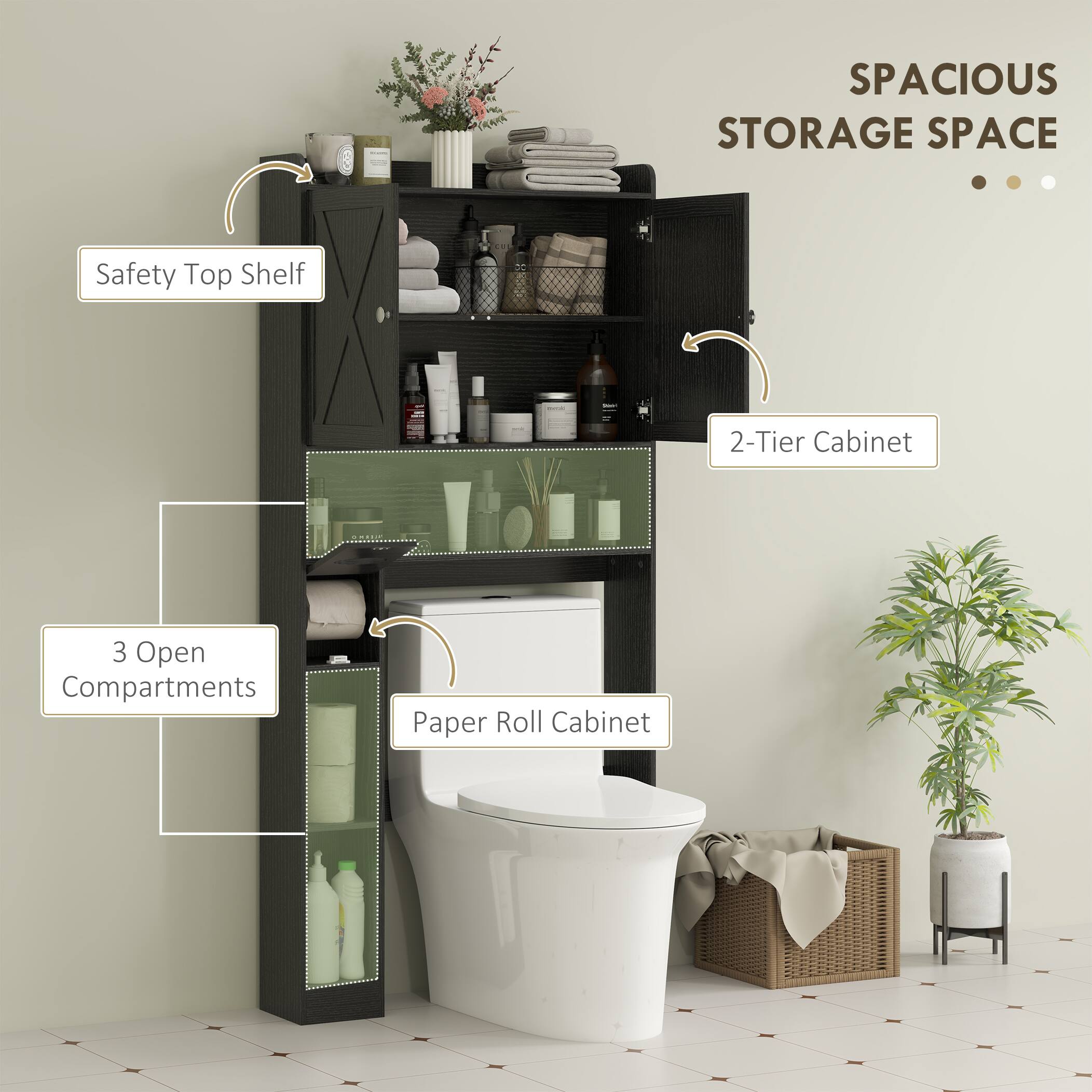 SPACIOUS STORAGE SPACE, Safety Top Shelf, 2-Tier Cabinet, 3 Open Compartments, Paper Roll Cabinet