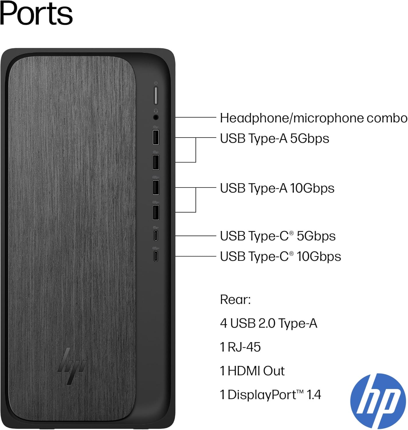 Ports

- Headphone/microphone combo
- USB Type-A 5Gbps
- USB Type-A 10Gbps
- USB Type-C 5Gbps
- USB Type-C 10Gbps

Rear:
- 4 USB 2.0 Type-A
- 1 RJ-45
- 1 HDMI Out
- 1 DisplayPort™ 1.4