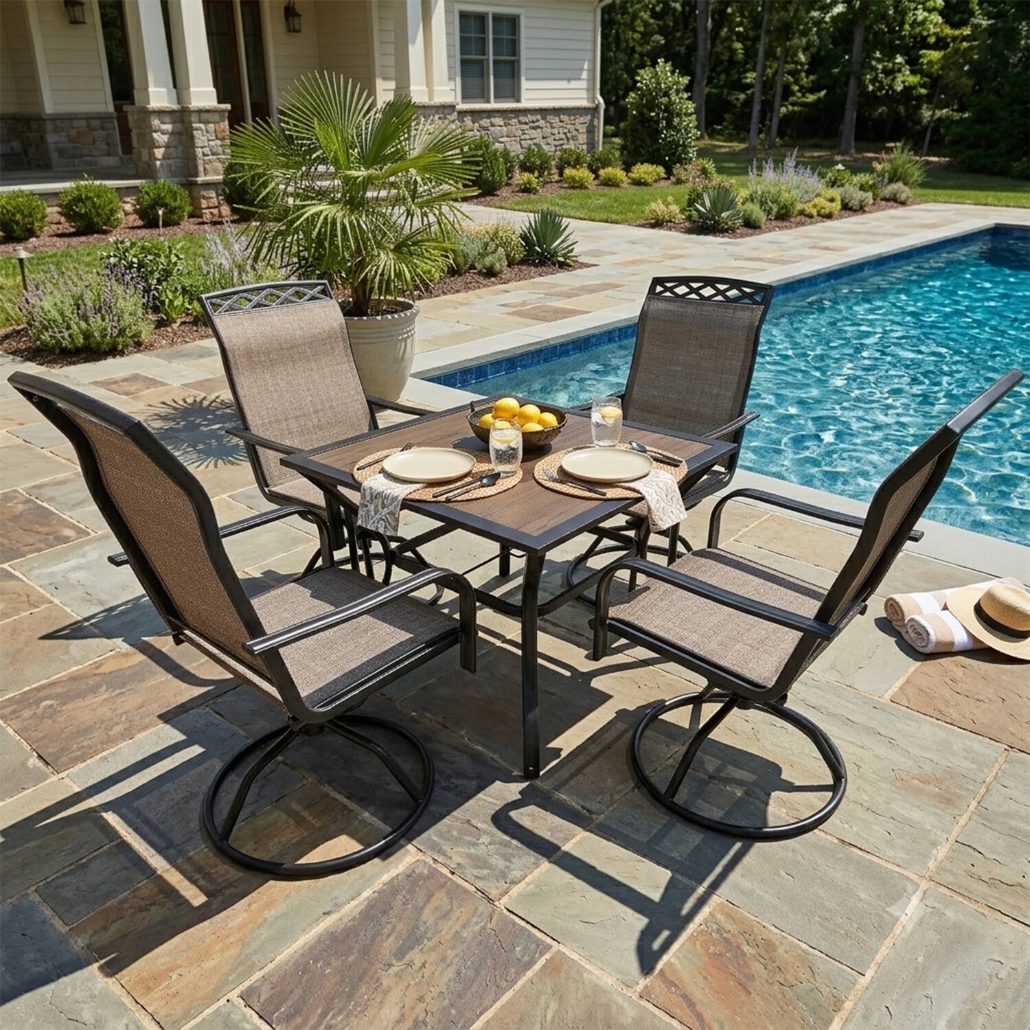 Back. Yardgrace - 5 Pieces Outdoor Patio Dining Set,with 4-Piece  Swivel Patio Rocking Chairs,1 dining table with an umbrella hole - Brown.