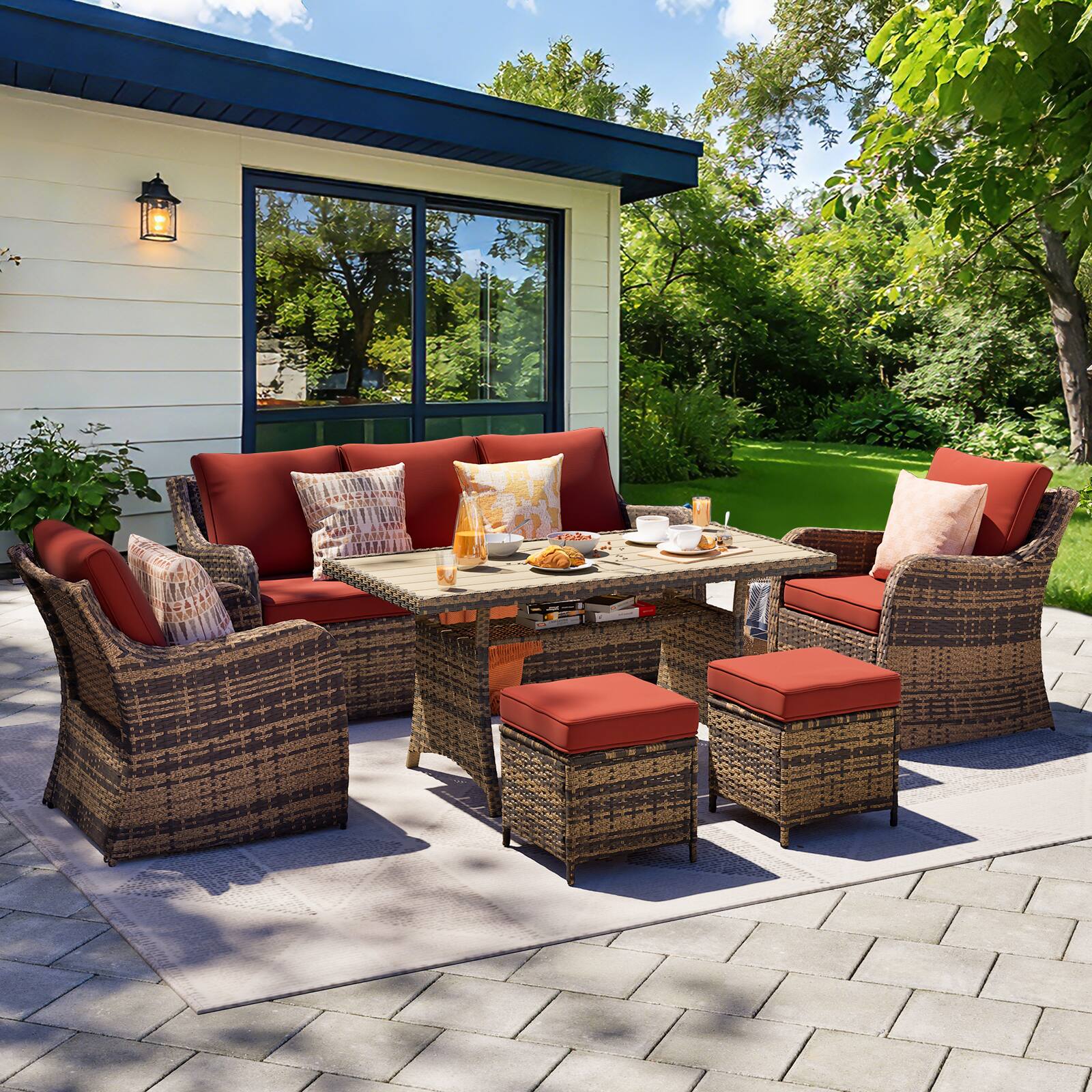 Back. Yardgrace - 6-Piece Patio Conversation Set: 2 Rocker Chairs, Sofa, 2 Ottomans & Coffee Table, Outdoor Sectional - Red.