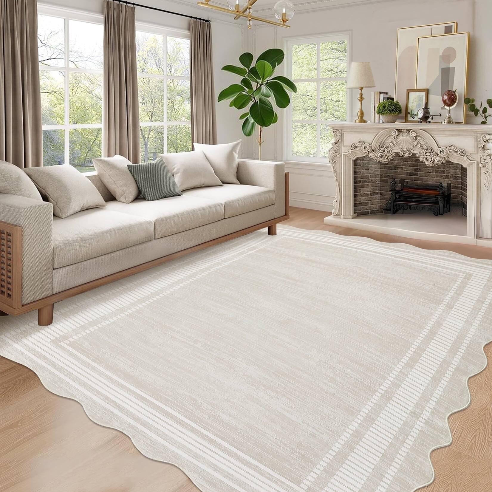 Front. Homhougo - 5x7 Modern Bordered Abstract Scalloped Rug, Non-Slip, Low Pile, Beige - Beige.