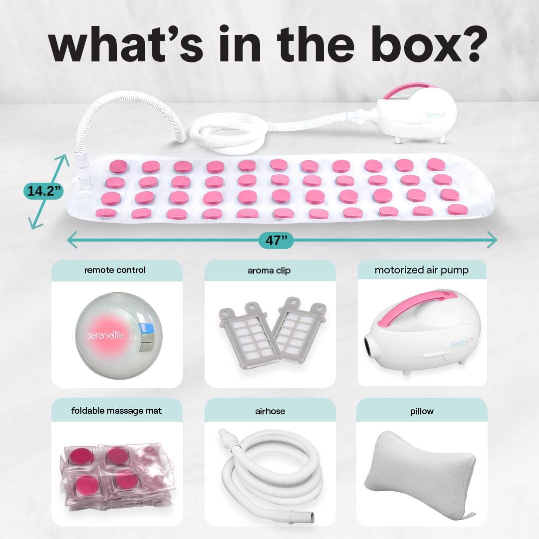 What's in the box?

- 14.2" x 47"
- Remote control
- Aroma clip
- Motorized air pump
- Foldable massage mat
- Air hose
- Pillow