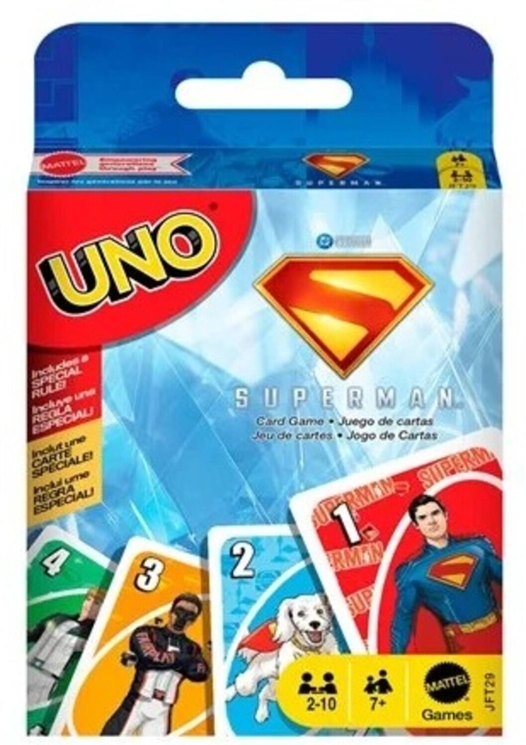 MATTEL  
UNO  
SUPERMAN  
Card Game • Juego de cartas • Jeu de cartes • Jogo de Cartas  

Includes a SPECIAL RULE CARD  
Incluye una REGLA ESPECIAL  
Inclut une CARTE SPECIALE  
Incluye una CARTA ESPECIAL  

2-10  
7+  

JFT29  
Games