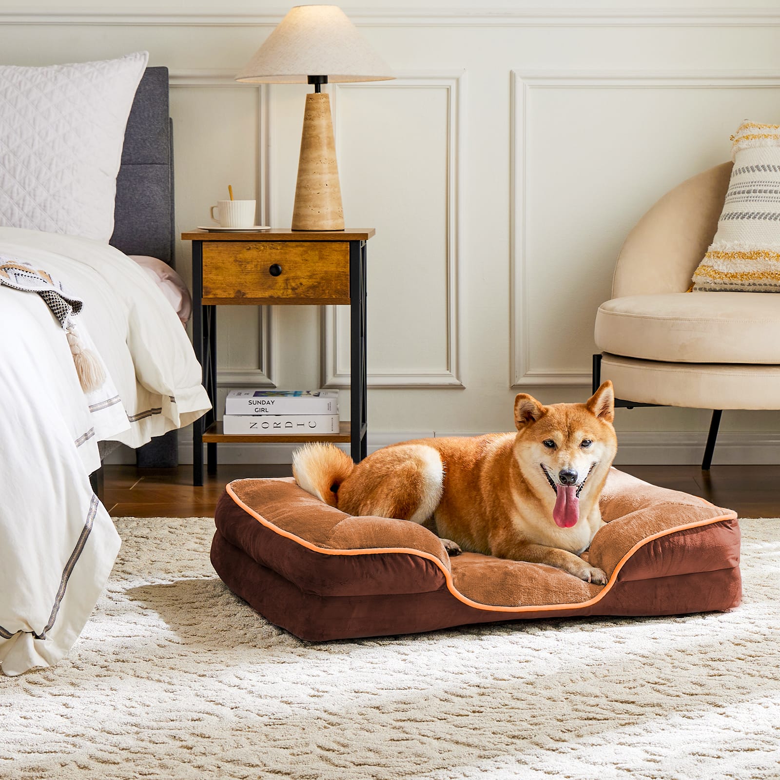 AENKYO - Pet Bed with Washable Removable Cover Non-Slip Base Waterproof Liner for Dogs & Cats - Brown