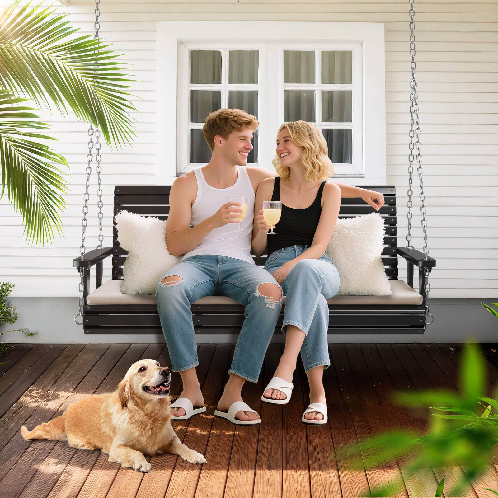 Alt View 4. Winado - 5 FT Porch Swing Bench Set with Cushion Wooden Hanging for Outdoor Garden Patio - Black.