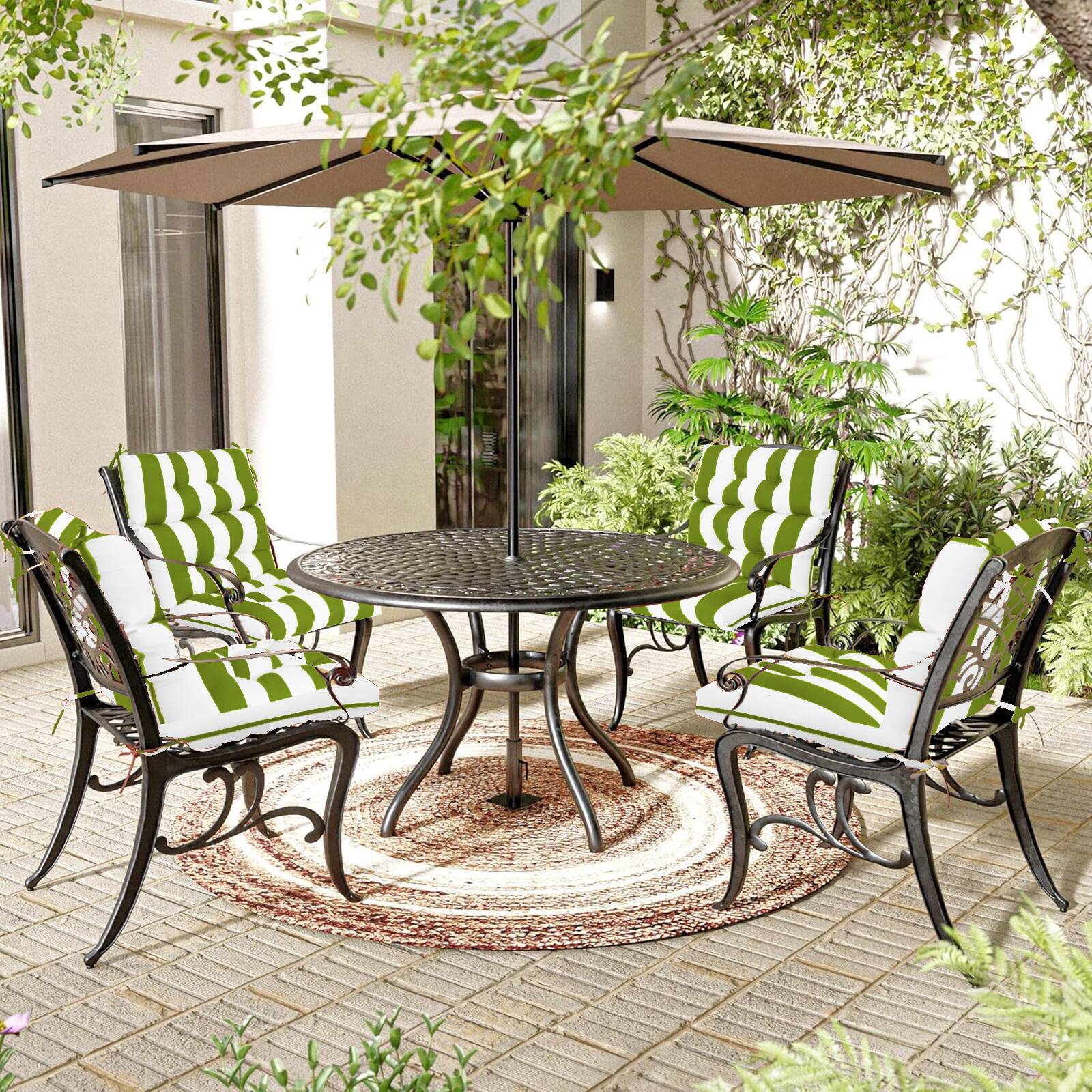 Alt View 1. Chateau Abodes - 2-Pack Outdoor High Back Chair Cushions, 44"x22"x4" Fade-Resistant Waterproof Tufted Pads with Ties - Green White.