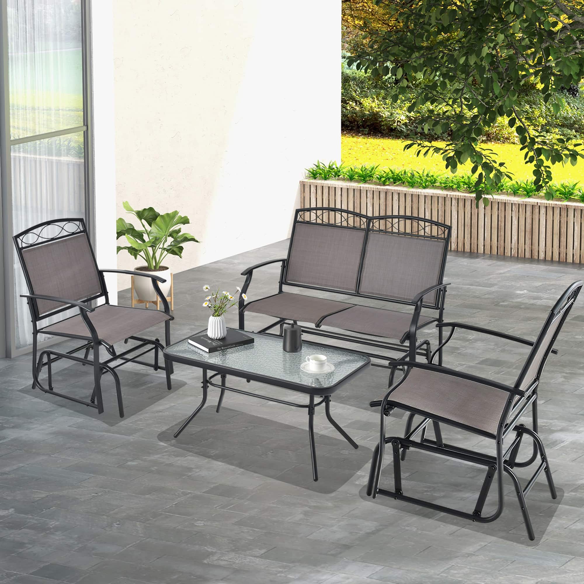 Gymax - 4PCS Outdoor Glider Chair & Table Set Patio Conversation Furniture Set - Brown + Black