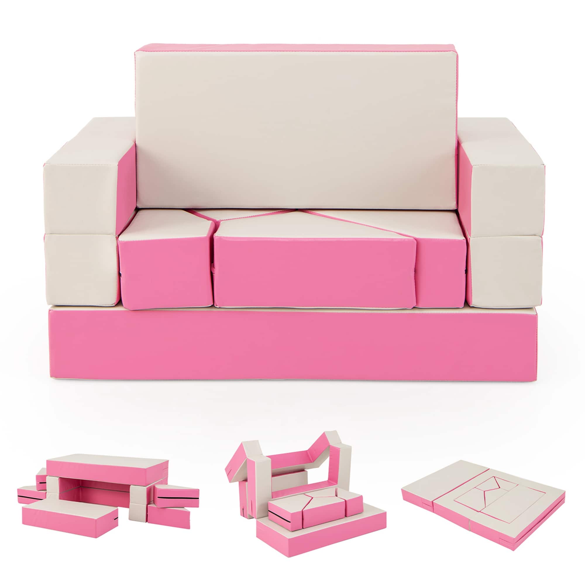 Costway - Children Modular 6-Piece Combination Sofa Set with PU Leather Cover for Playroom - Pink