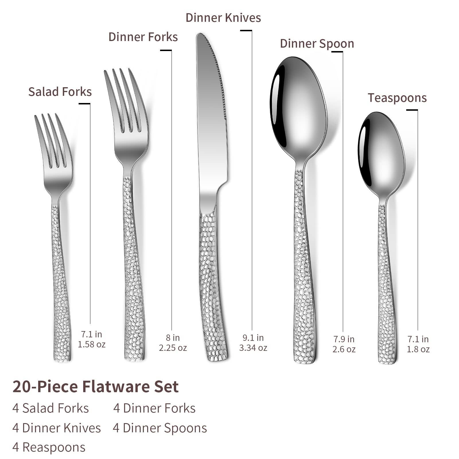Angle. Dazzed Corner - 20-Piece Silverware Set, Silver Hammered Stainless Steel Flatware for 4 - NYR6HLK.