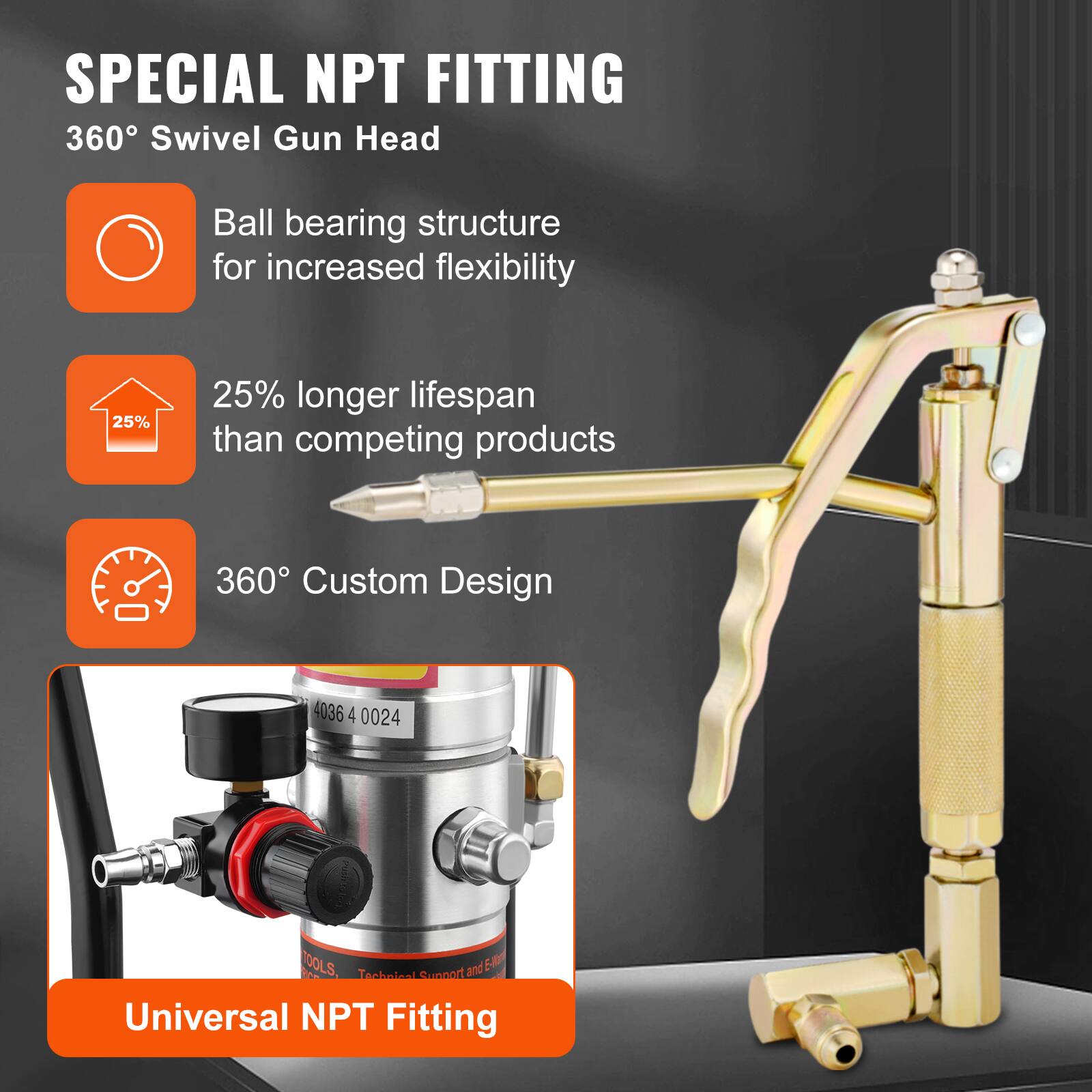SPECIAL NPT FITTING  
360° Swivel Gun Head  

- Ball bearing structure for increased flexibility  
- 25% longer lifespan than competing products  
- 360° Custom Design  

Universal NPT Fitting