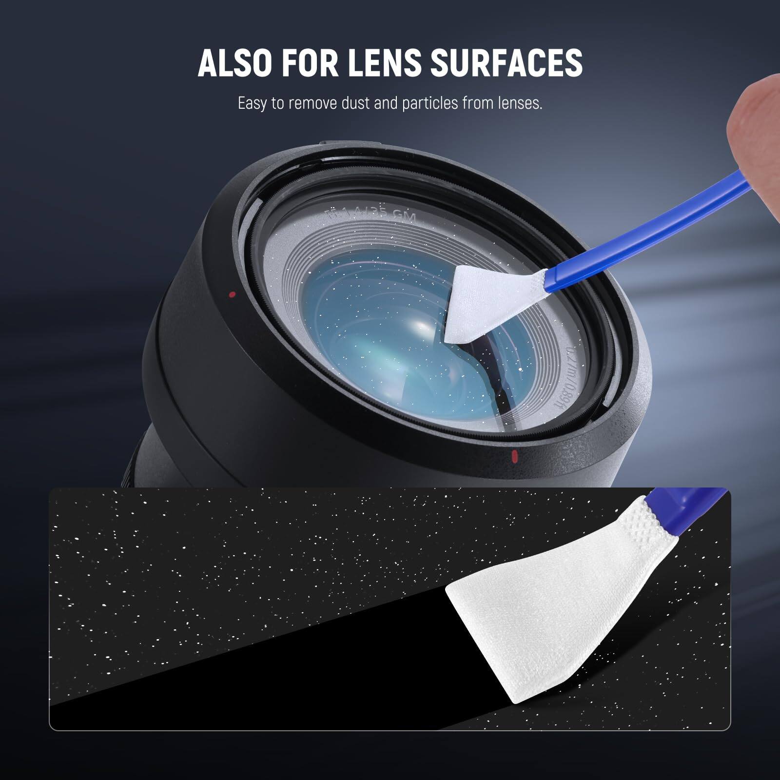 ALSO FOR LENS SURFACES  
Easy to remove dust and particles from lenses.