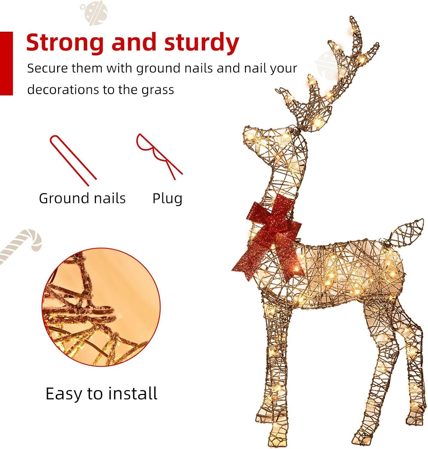 Strong and sturdy  
Secure them with ground nails and nail your decorations to the grass  

Ground nails  
Plug  

Easy to install